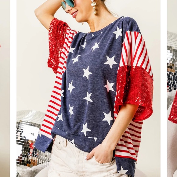 B448-BIBI SEQUINS SLEEVES STAR W STRIPE UNEVEN HEM TOP - Picture 2 of 4